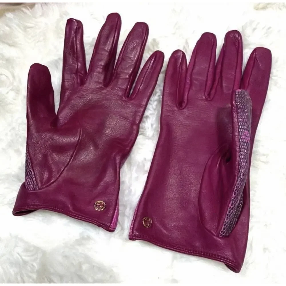 GUCCI RARE LIZARD Skin Leather Pink Gold GG Insignia Gloves Size 7.5 Authentic - Picture 6 of 9